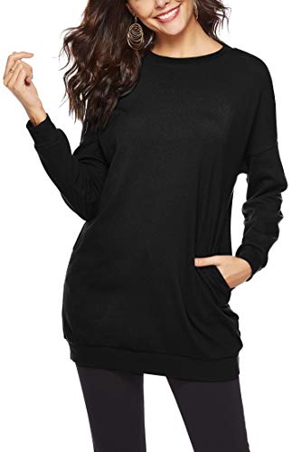 Titame Womens Long Sleeve Solid Color Pockets Top Casual Loose Fit Tunic Black M