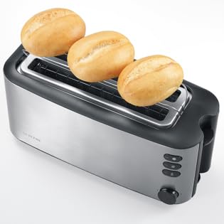 Severin Doppel-Langschlitztoaster mit eingebautem Brötchen-Aufsatz, für 4 Brotscheiben, Brotscheibenzentrierung, Aufwärm- und Defroster-Stufe, Edelstahl gebürstet, schwarz, 1.400 W, AT 2509 6