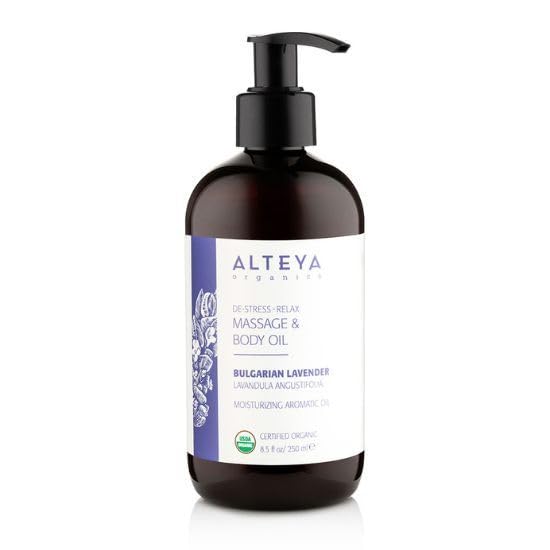 Alteya Organic Massage and Body Oil Blend with Relaxing Lavender 250 ml - USDA Certified Organic Pure Natural Calming and Nourishing Skin Treatment