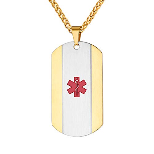 Supcare Tag Necklace Medical Alert ID Jewelry Stainless Steel 18K Gold Plated for Women/Men/Children, Medical Emergency Identification Dog Tag Necklace Jewelry
