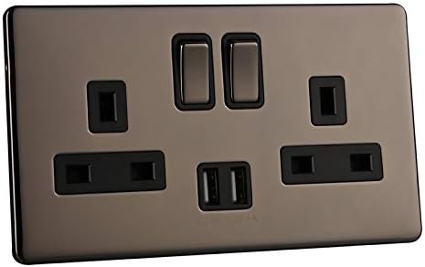 SINOE ELECTRICAL N772GME 13A 2-Gang Polished Black Nickel Double Pole Switched Socket with 3.1A USB Outlet,Insert Screwed
