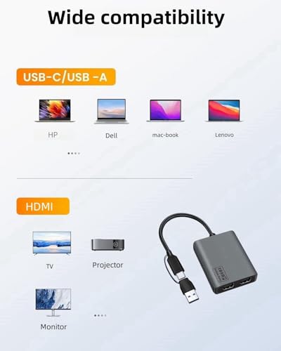 USB 3.0 to HDMI Splitter Extended Display Dual Monitors, USB 3.0-A/C to Dual HDMI Adapter 4K 30Hz+1080p60Hz for M-acBook/M-acBook Pro Air Dell (MST Support MacOS/Windows)