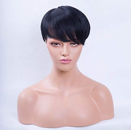 Fennell Natural Black Full Light Yaki Texture Short Cut Synthetic Wigs For Ladies Natural Looking Heat Resistant NONE Lace Replacement Wigs Full Machine Made (6 Inch, Natural Black)