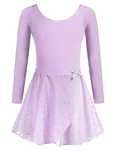 Zaclotre Girls 2PCS Long Sleeve Skirted Leotards with Glitter Tutu Skirt Dance Dress Purple