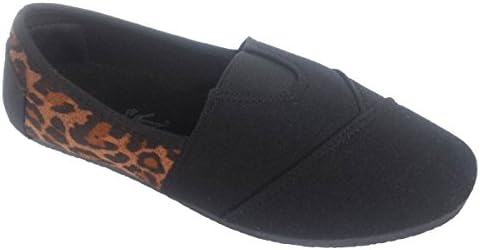Elegant Women's Canvas Slip-on Flat Shoes Black And Leopard Print With Black Sole, Espadrille Loafers 10 , M US