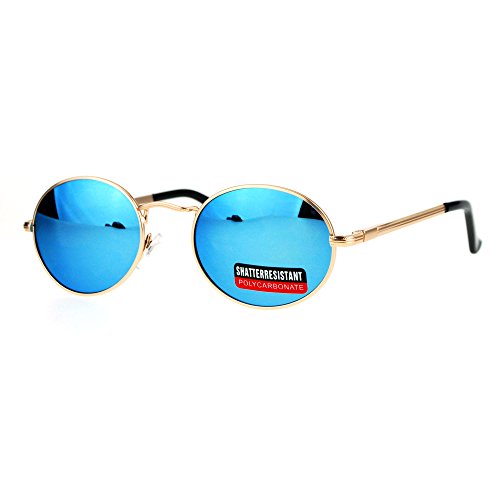 PASTL Sunglasses Unisex Oval Metal Frame Spring Hinge UV 400 Gold, Blue Mirror