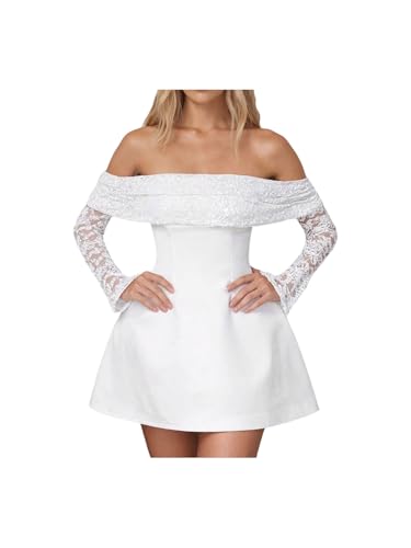 OYOANGLE Women's Floral Lace Off The Shoulder Dress Cocktail Mini Dresses White Large at Amazon