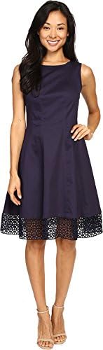Christin Michaels Women's Misti Fit and Flare Lace Trim Dress Navy Dress 14