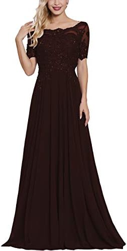 Lace Applique Women's Beaded Mother of The Bride Dresses Long with Sleeves Bateau Neck Maxi Formal Evening Dress