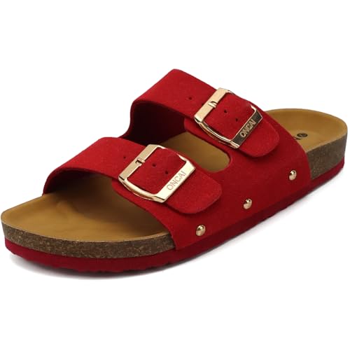 31ajdfS8d4L Oncai Damen Pantolette Bequeme Hausschuhe Mit Kork-Fußbett Suede, Rot, 42 Eu