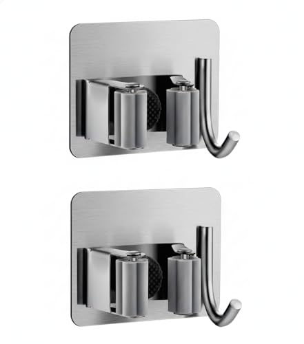 Kit com 2 Suportes de Parede Inox para Vassouras e Rodos e Gancho | Fixação Sem Furos, Organização Forte e Durável, Suporta 5Kg, Multiuso