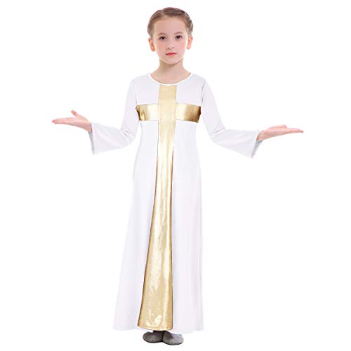 Girls Metallic Cross Praise Dance Dress Bell Long Sleeve Liturgical Robe Gown Full Length Swing Skirt Worship Costume