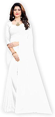 Indian Women's Ethnic Saree Solid Pattern Georgette Wrap Casual Wear Sari 5 Yard (White)