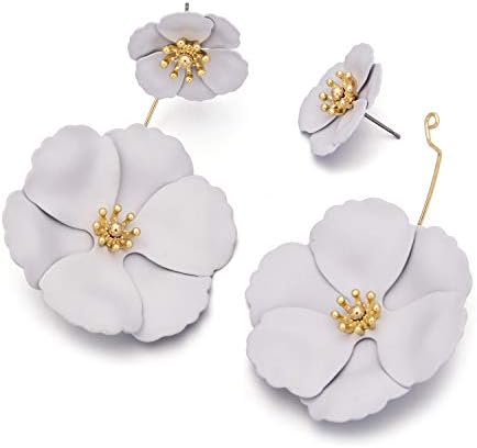 Metal Matte Painted Dual Poppy Flower Drop Earrings Floral Petal Tiered Earring for Women