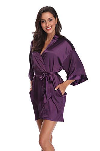 Women's Silky Bride Bridesmaid Kimono Robes Short Wedding Party Getting Ready Robe Dressing Gown with Gold Glitter, Bridesmaid DeepPurple L