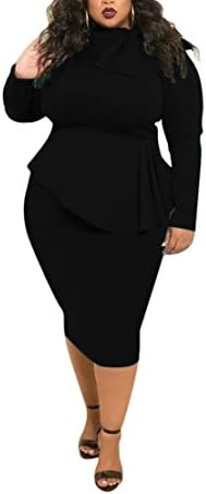 VERTTOP Plus Size Double-Layered Tie Neck Plain Long Sleeve Warm Women's Bodycon Dress Midi Dress For Party, Cocktail,Club Casual Black 4XL