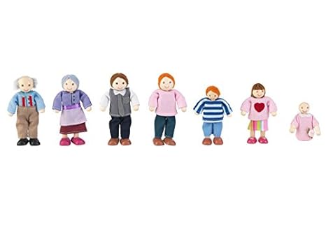 KidKraft 65202 Kaukasische 7-köpfige Puppenfamilie aus Holz – 12 cm große Puppen für jedes Puppenhaus geeignet