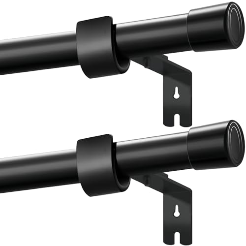 2 PCS Extendable Curtain Pole,Fittings Set Window Pole Adjustable Single Curtain Rod Heavy Duty with Cap Finials(220-380CM,Black)