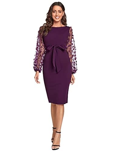 shein dark purple dress SheIn Women's Elegant Mesh Contrast Bishop Sleeve Bodycon Pencil Dress Dark  Purple Large in Kenya