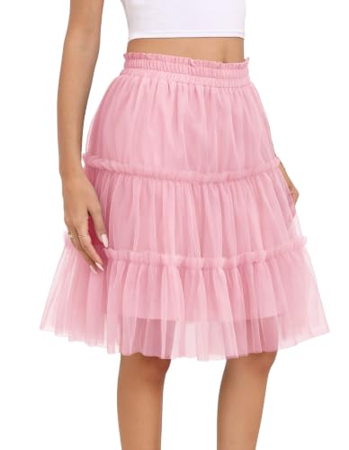 Girstunm Women Short Tulle Mesh Ruffle Tutu Dancing Skirts Baby Pink L at Amazon