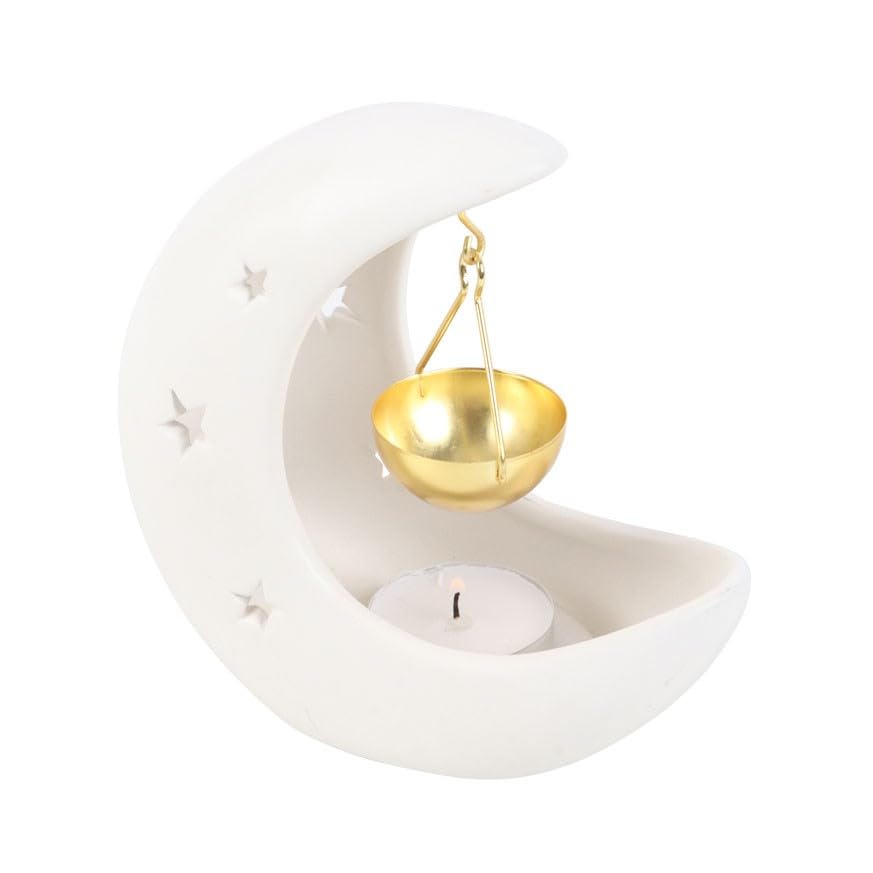 TECH ISLAND Crescent Moon Hanging Oil Burner - Enchanting Design With Cut Out Star Details, Essential Oils And Wax Melt Holder For A Dreamy Atmosphere (White)