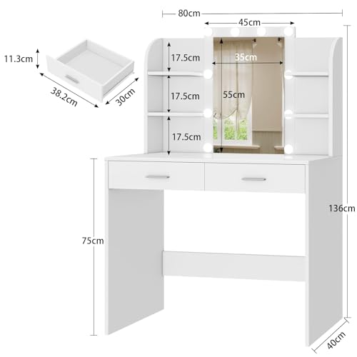 TEENFON Vanity Desk with Large Mirror & 10 Lights, Makeup Vanity with 6 Shelves, Dressing Table with 2 Drawers, 3 Color Light Adjustable for Bedroom, Modern, White