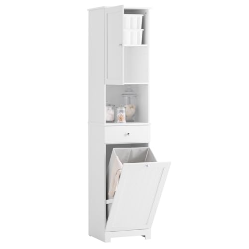 SoBuy Narrow Bathroom Storage Cabinet with Laundry Hamper, Slim Tall Freestanding Bathroom Cabinet with Drawer, Open Shelf & Adjustable Shelf, White BZR216-W