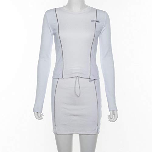 LuFeng Women's Sexy Fashion Reflective Striped Long Sleeve 2 Piece Outfits Crop Top and Mini Bodycon Skirt Set (XL, White) - Thumbnail 3