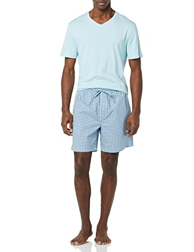 Amazon Essentials Men's Cotton Poplin Pajama Short with T-Shirt Set, Breathable Loungewear, Summer Sleepwear, Light Blue Geo Print, XX-Small