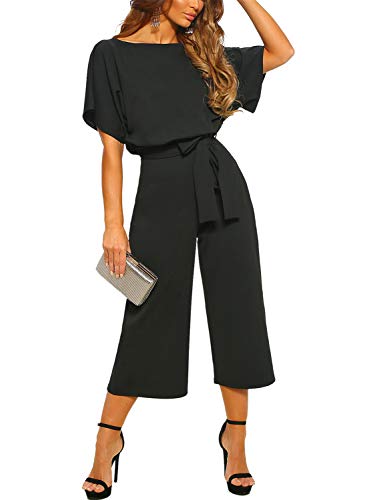 Asyoly Women Casual Long Pants Loose Wide Legs Jumpsuits Rompers Batwing Sleeve Crew Neck