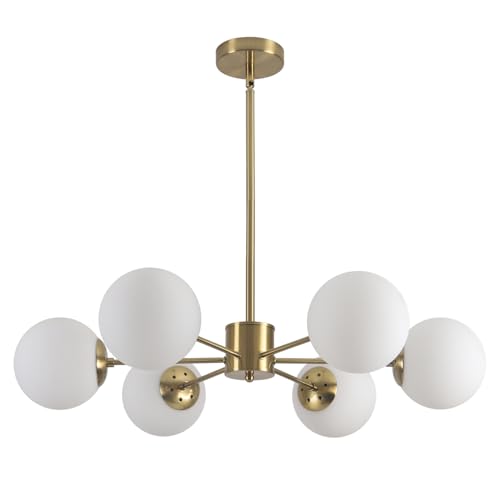 KCO Lighting Sputnik Vintage Gold Living Room Chandelier with 6 White Glass Globes, Minimalist Pendant Light 6 Lights with Adapter for Kitchen, Bedroom