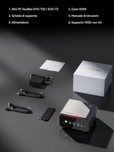 GMKtec T2S AI Mini PC con Intel Ultra X7 358H (superiore a 285H/HX370), Intel Arc B390, 64GB LPDDR5X 8533MHz (16GB×4), SSD PCIe 4.0 1TB, RJ45 10Gbps, WiFi 7, BT5.4, 2×USB4, Oculink, display 4×8K
