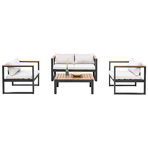 gartenmoebel-einkauf Alu Loungeset Mykonos 4-sitzer, Aluminium dunkelgrau + Akazie, mit Polstern – Bild 4