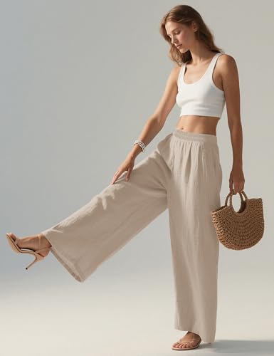 Rapbin Linen Trousers Womens Wide Leg Pants for Women UK Ladies Summer Casual Elasticated Waist with Pockets