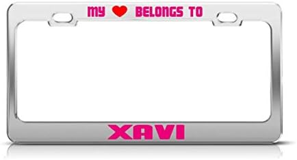 Elvira Jasper MY HEART BELONGS TO XAVI Male Boy Names License Plate Frame Metal Chrome