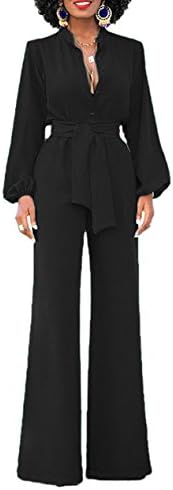 Corala Women Long Sleeve Solid Button Wide Leg Long Jumpsuits Romper Pants With Belt Black Small