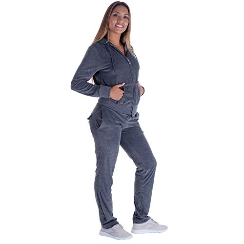 TanBridge Women Velour Tracksuit Set 2 Piece Outfit Hoodie & Sweatpants Jogger Sets Dark Grey L