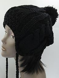 Women's Black Ear Flap Hat. Winter Beanie with Pom Pom. Knitted. 100% Polyester. One Size.