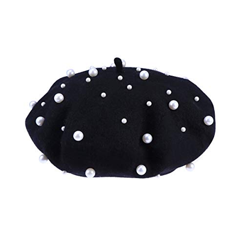 BESTOYARD Beret Pearl Autumn Winter Cashmere Beret Starry Beaded Pearl Rivet Wool Beret (Black)