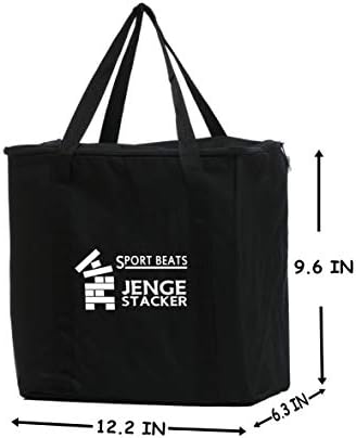 Colorful block tower game with player holding a case, rules included, measures in inches.