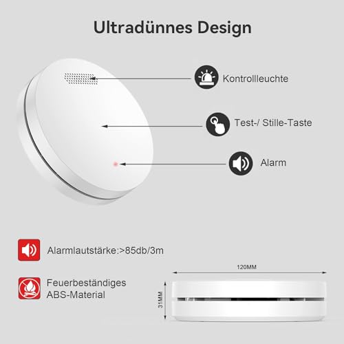 CPVAN Smoke Detector Networked 10 Year Battery with Adhesive Pad No Drilling EN14604 Tested Wireless Fire Alarm Complies with European Standard Fire Alarm Set of 5