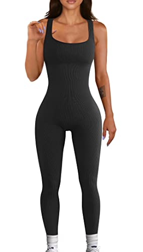 OQQ WOMEN’S YOGA RIBBED ONE PIECE TANK TOP SLEEVELESS EXERCISE JUMPSUIT ROMPER, BLACK2, LARGE