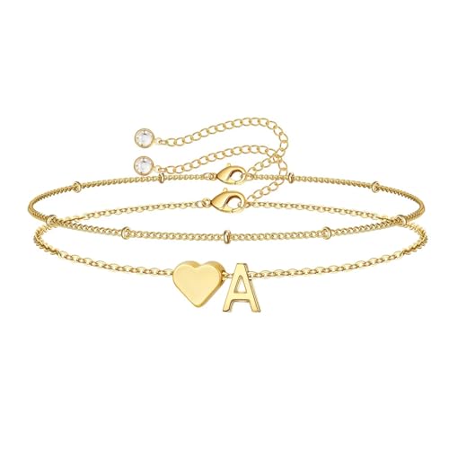 M MOOHAM Christmas Gifts for Grandkids Teens Girls -14K-Gold-Plated Heart Initial Bracelets for Women Girl Dainty Gold Bracelets Birthday Gift Stocking Stuffers for Women Teenage Girls Kids Gifts