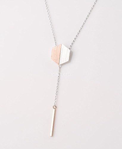 Rose Gold Plated &amp; Silver Plated Mixed Geometric Hexagon Bar Dangle Necklace
