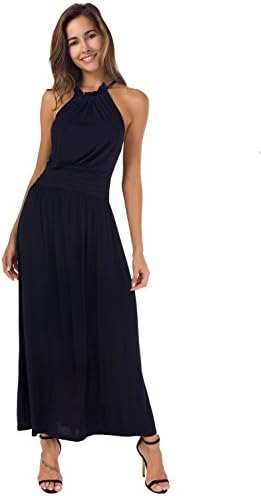 AMII Womens Casual Solid Halter Straps Empire Modal Long Dresses Navy Blue S