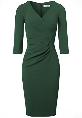 Newdow Lady's V Neck 3/4 Sleeve Solid Semi Formal Brief Dress (Large, Green)