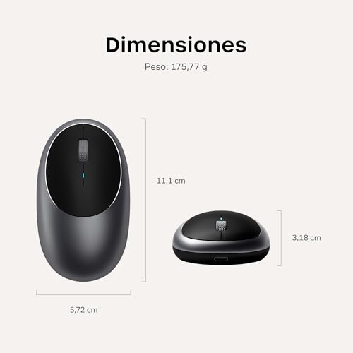 SATECHI Mouse Ratón Inalámbrico Bluetooth, Recargable USB-C, 1200 dpi, Clic Silencioso, para MacBook Air/Pro/Neo, iPad Air/Pro, iPad Mini, Mac Mini, iMac, Windows, Gris Espacial