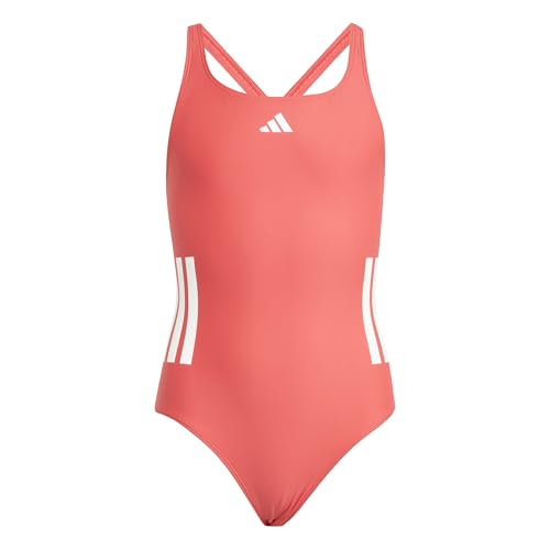 adidas Girls 3-Stripes C-Back Swimsuit Kids Swimwear, Semi Lucid Red/White, 3-4 Years