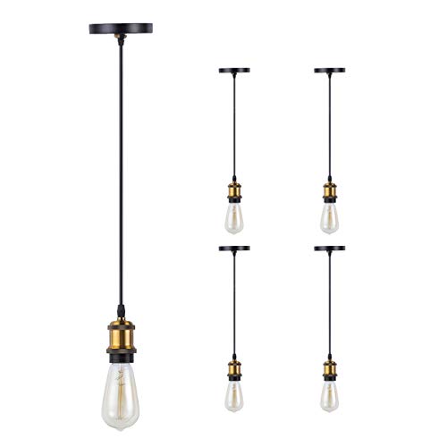 Industrial Edison Vintage Style Mini Pendant Light Single Socket E26/ E27 Base Black Woven Fabric Cord Hanging Light Kit for Kitchen Island, Restaurants, Hotels, Foyer, Shops, (4 Pack)