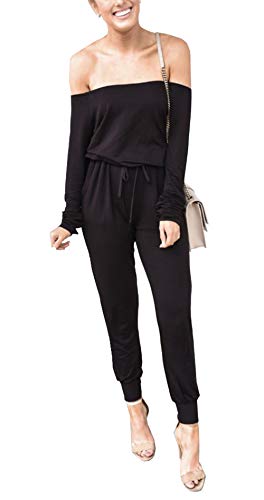 PRETTYGARDEN Women's Casual Off Shoulder Long Sleeves Drawstring Belt Stretchy Jumpsuit Pants with Pockets (Black, Medium)